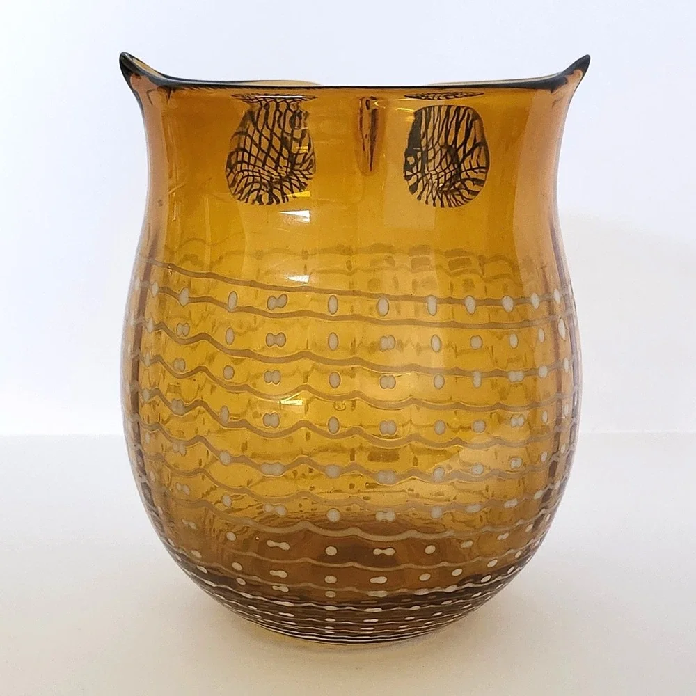 Amber Hand Blown Art Glass‎ Owl Hurricane Vase White Swirl Mid Century Style